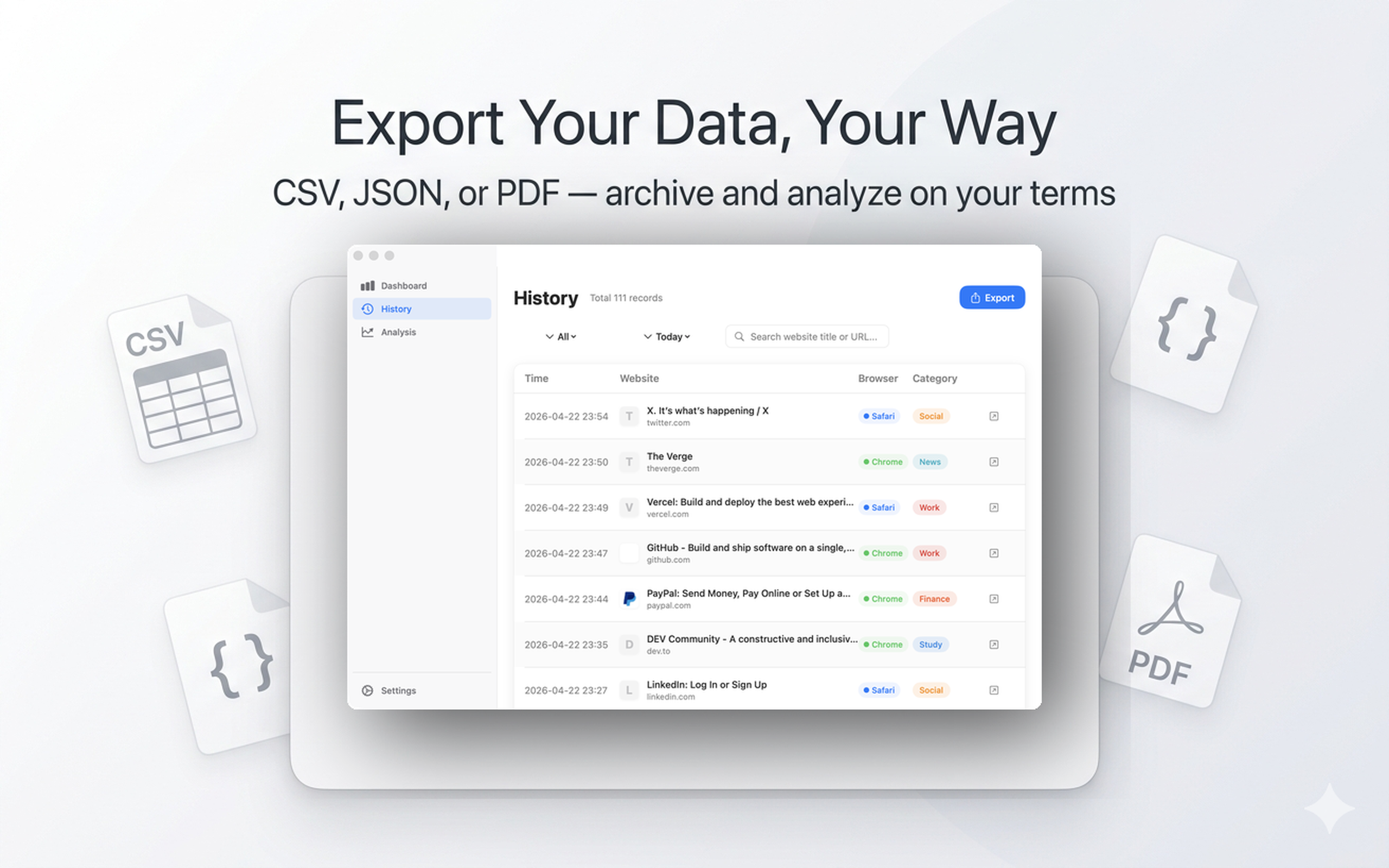 Export data to CSV, JSON, PDF